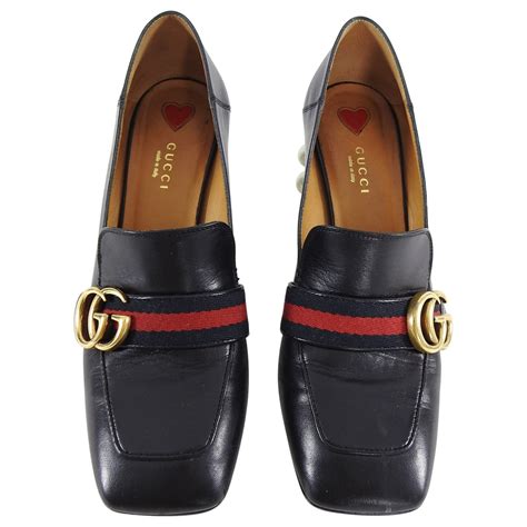 Gucci Peyton Loafer Heel Black Leather Web GG Marmont size 40